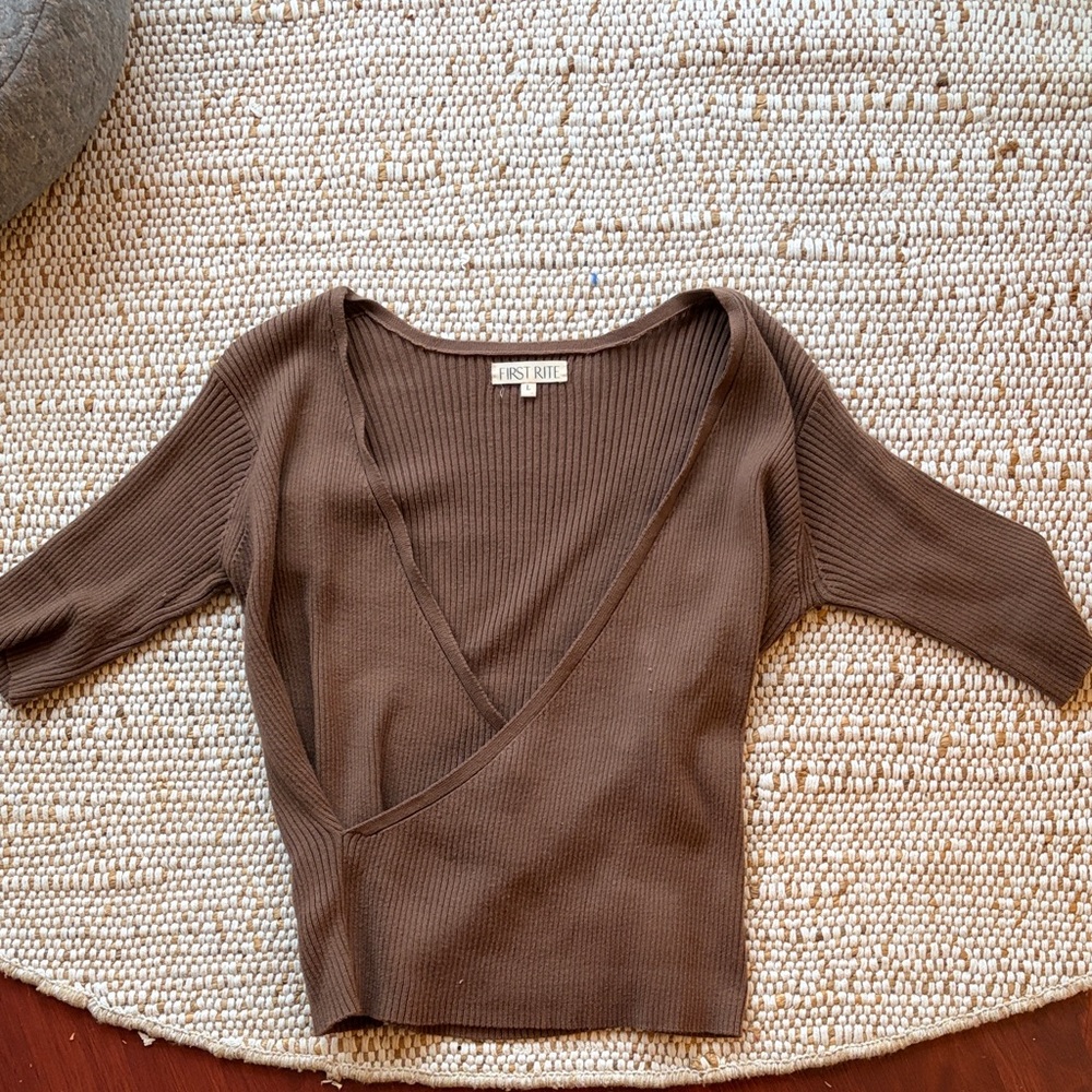 First Rite Brown Ribbed V-Neck Wrap Sweater